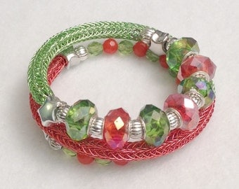 Ladies wrap bracelet, stacked look, green and orange viking knit
