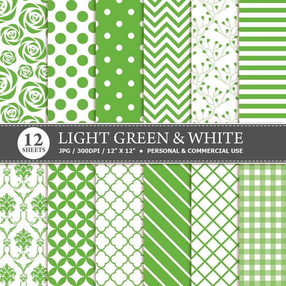 Items Similar To 12 Light Green & White Digital Scrapbook Paper 