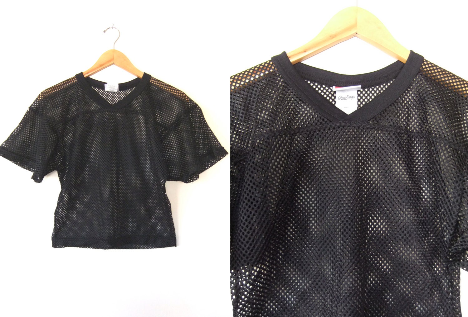 90s Black Mesh Crop Top V Neck Raver Football Jersey Cyber