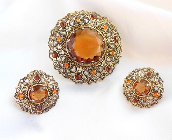 West Germany Jewelry Set Brooch Earrings Gold Filigree And   Il 570xN.530325054 62hf 