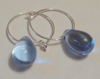 Silver Hoop Earrings, Glass Bead Earrings, Pink Earrings, Blue Earrings, Clear Earrings