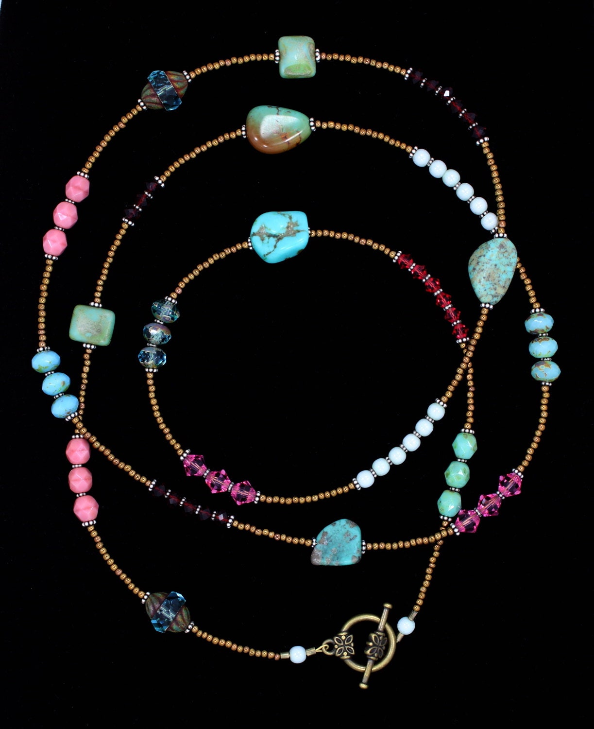 Long beaded necklace with natural turquoise crystals rare