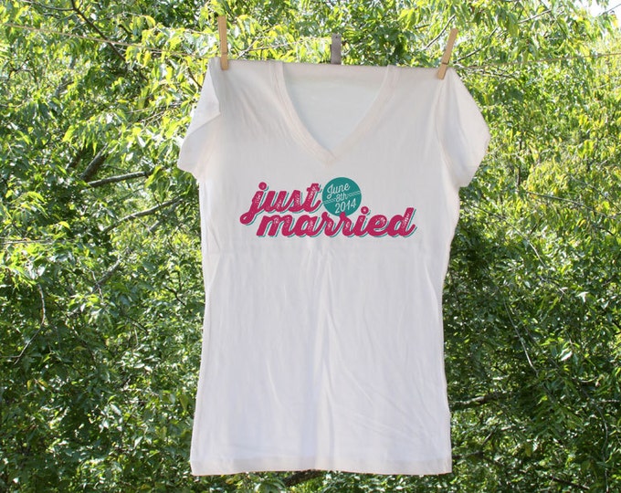Retro Just Married Tshirt with Wedding Date circle - TW