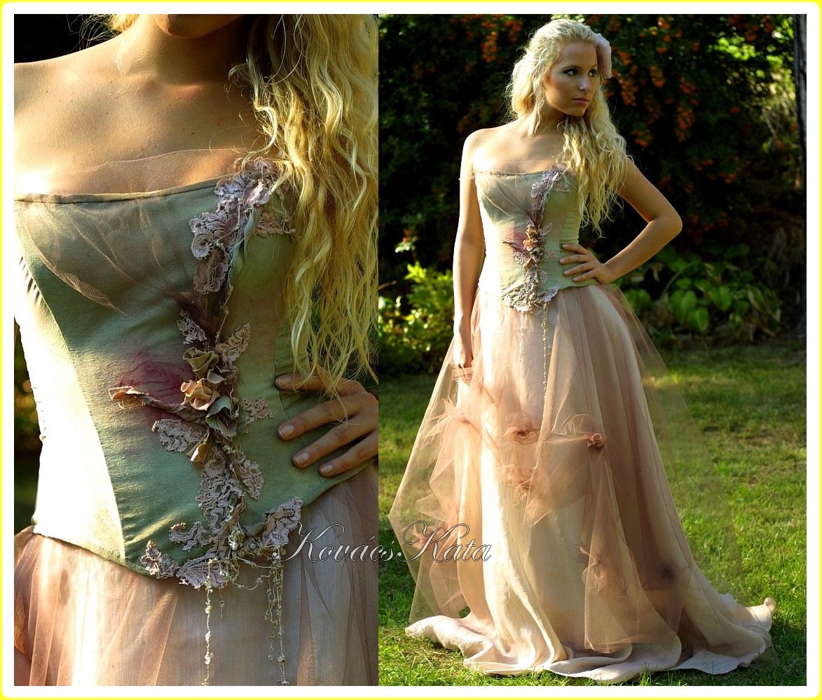 Magical Woodland Fairy Silk Fantasy Corset Wedding Gown OOAK
