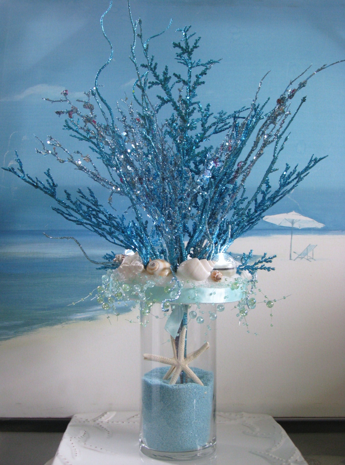 Blue Coral Seashell Sand Wedding Centerpiece Beach Wedding