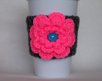 Crochet Flower Coffee Cup Cozy Hot Pink and Gray