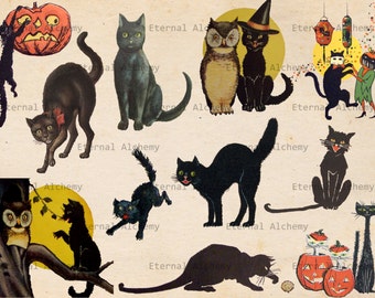 Vintage Halloween Images - Cats - Set 1 - 11 Clipart/Digital Images - Instant download