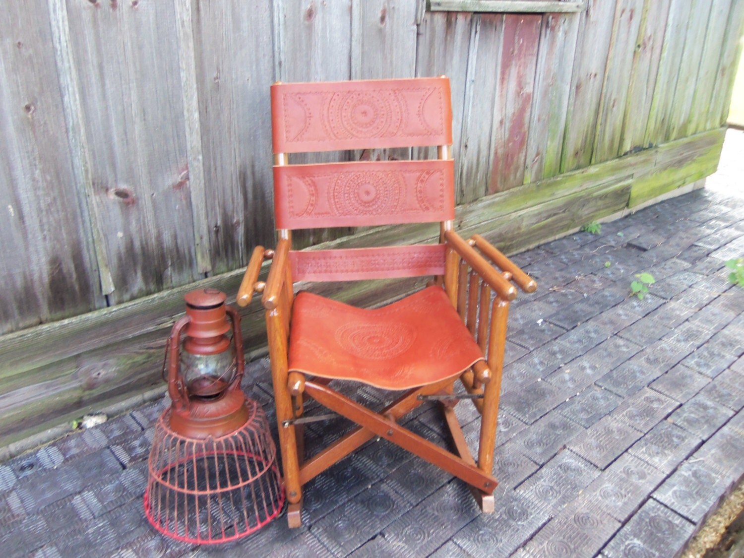 Antique Leather and Wood Folding Rocking Sarchi Chair 1940s Costa Rica