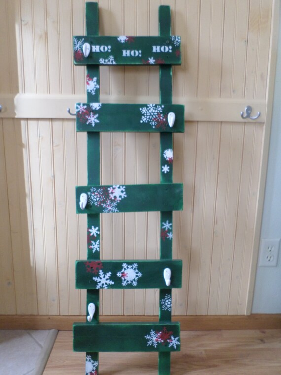Green Wood Stocking Holder Unique Ladder Rustic Shabby hooks