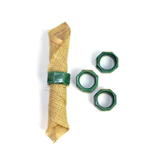 Emerald Green Stone Napkin Ring Holders Geometric Octagon