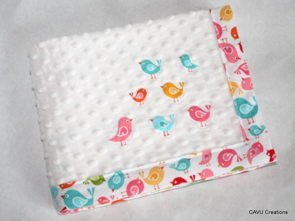 Colorful Birds & White Minky Baby Blanket with Mini Sewn