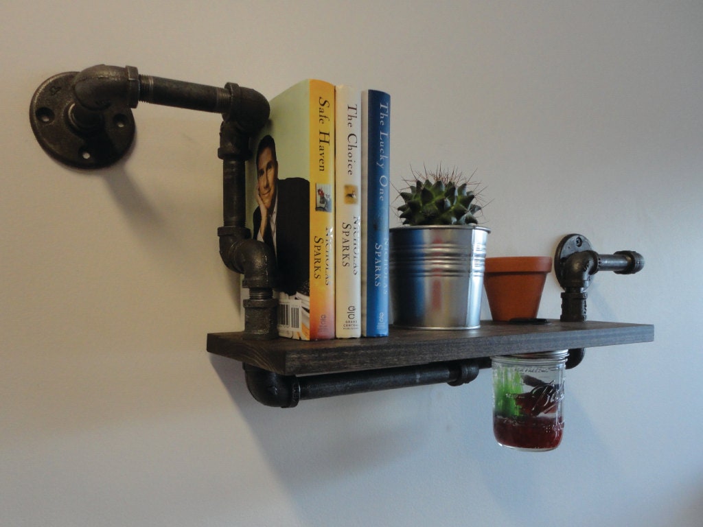 Industrial Black Pipe Iron &amp; Wood Shelf with Mason by Mobeedesigns