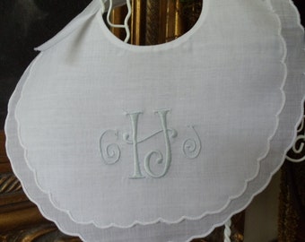 Personalized Monogram Baby Girl or Boy Double Scalloped Linen Bib trimmed in white Great for christening or Sunday Church