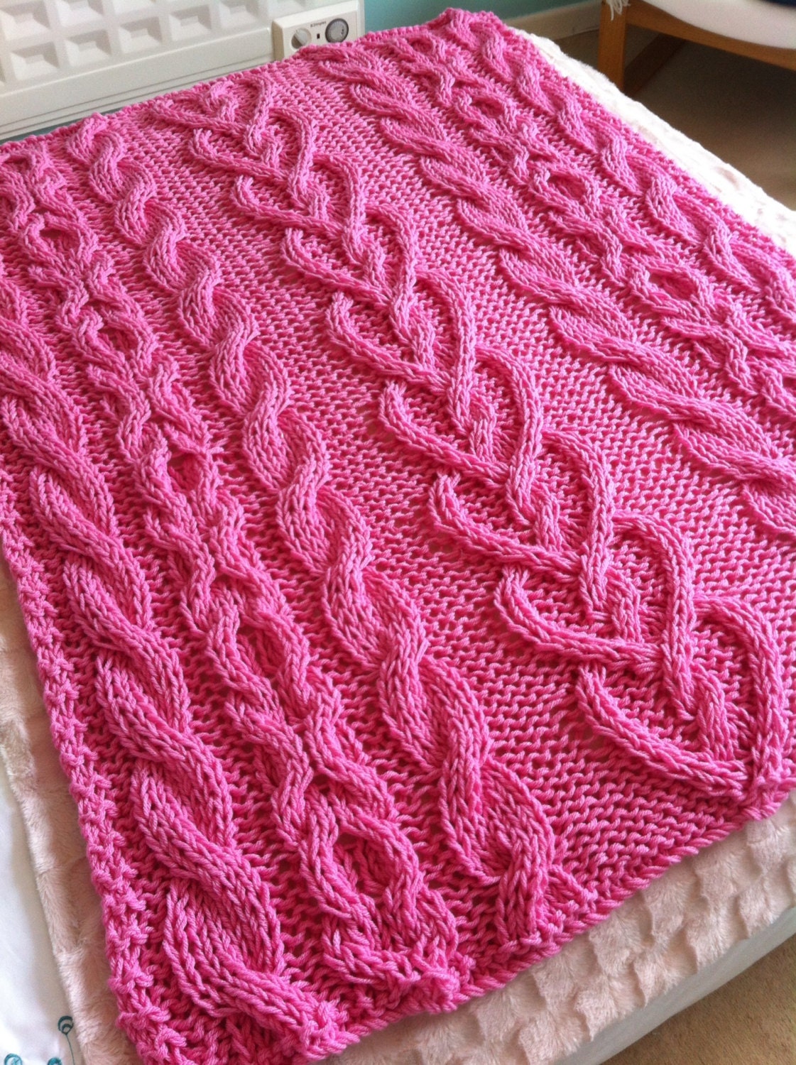 Chunky Cable and Hearts hand knit blanket / throw Pretty
