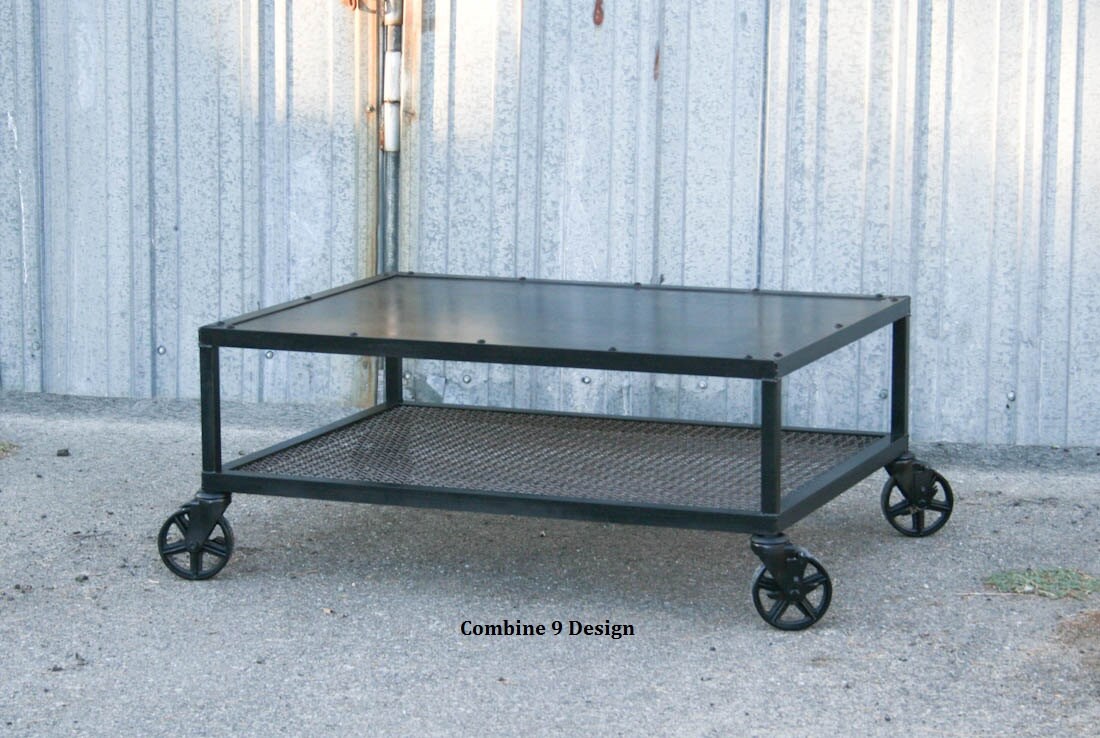 Industrial Coffee Table. Steel. Casters. Reclaimed wood