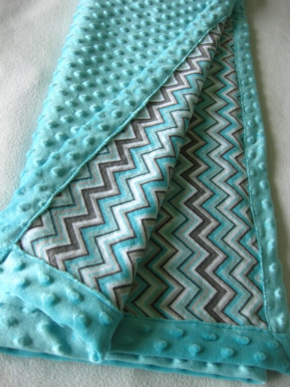 Items similar to Turquoise and Gray Chevron Minky Blanket on Etsy