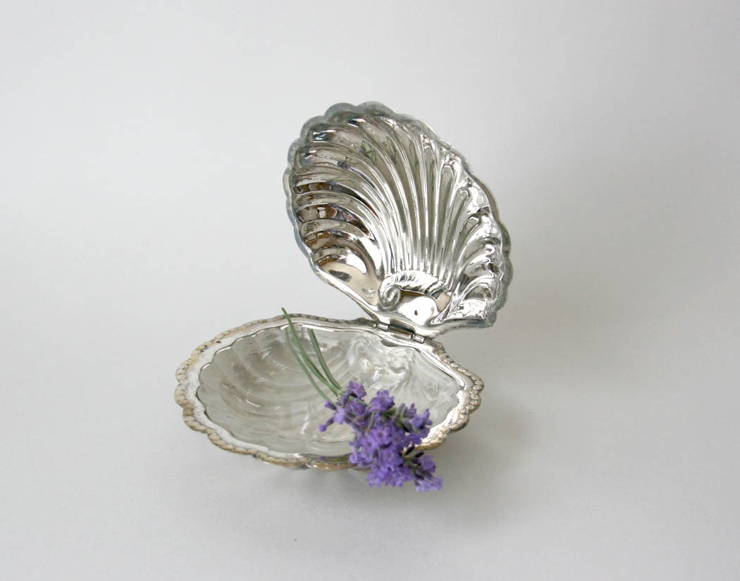 Vintage Butter Dish Silver Plated Shell shape glass insert