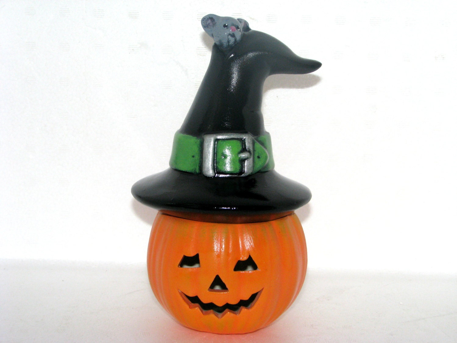 Ceramic Pumpkin wearing a Witch Hat 10 inches hand made