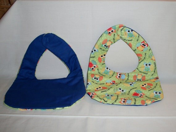 Bibs Babyville fabric front with bright colored owls. Royal