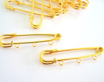 Gold Kilt Pins (10) Beadable 2 inch 3 loops Big Safety Pin Brooch Gold Plated Findings Wholesale Jewelry Supplies Supply Crazycoolstuff
