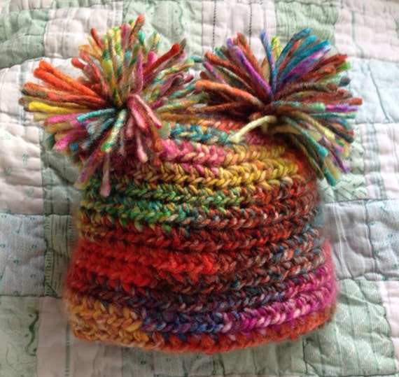 Crochet Pom Pom multi color infant hat by DuffieDesigns on Etsy