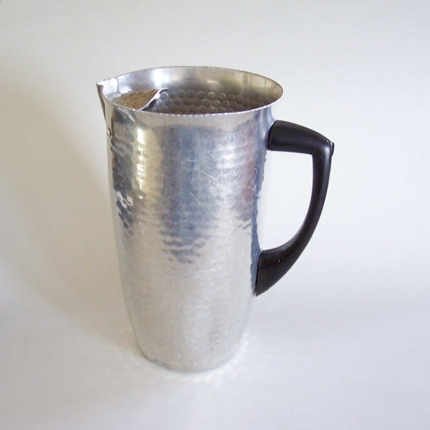 Vintage Hammered Aluminum Pitcher with Black Plastic Handle Water