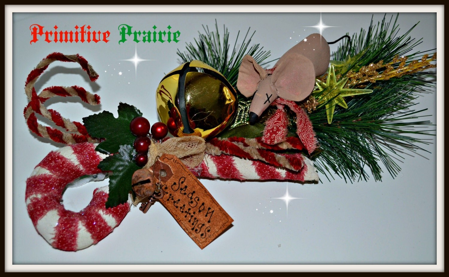 primitive christmas table door hanging wreath, hand made candy canes, handmade christmas mouse bell and mouse door hanging deco