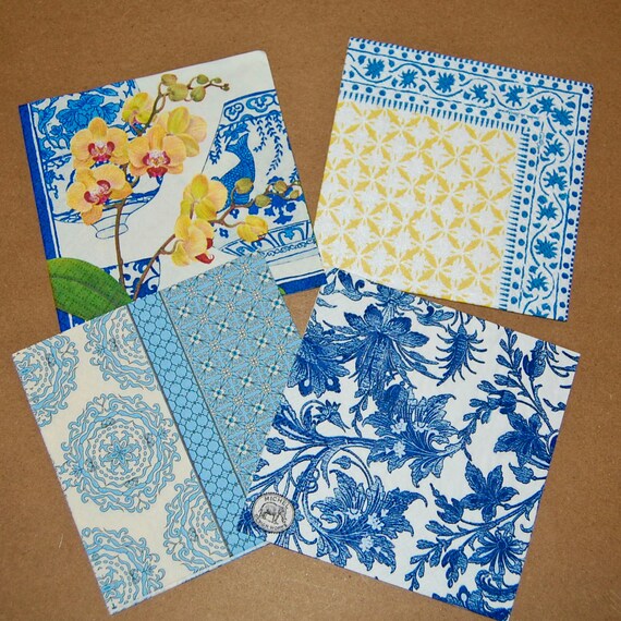 Decoupage Blue White and Yellow Set 4 Paper Napkins for