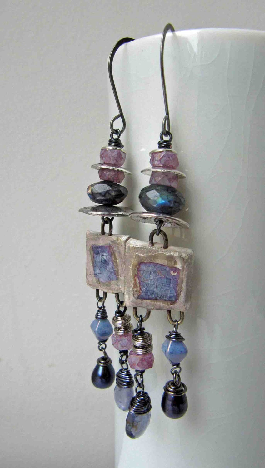 Silvered squares handmade earrings bead earrings art bead