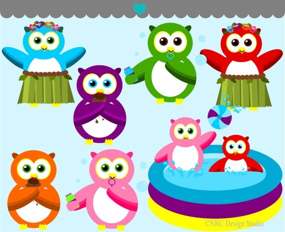 Summer Clip Art - Cute Summer Owls Clip Art - Digital Owls Clipart - Beach, Grass Skirt, Ice Cream, Pool, Bubbles Il_570xn