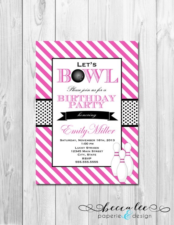 Bowling Party Invitation - Stripes - Pink White and Black - DIY - Printable Il_570xn