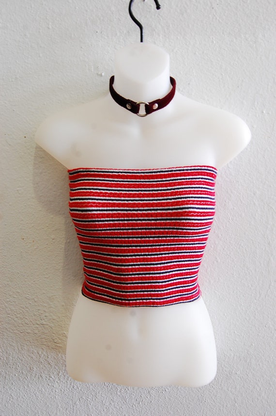 90s Sporty Red White Blue Striped Ribbed Tube Top One Size