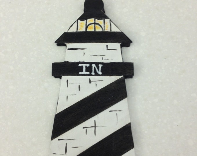 Wooden Lighthouse Sign, 8" x 4", with Ribbon Hanger. Choose "OPEN" or "IN"