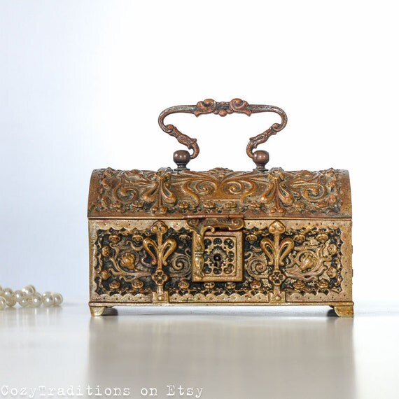 Antique Jewelry Box Keepsake Art Nouveau Brass Box with a