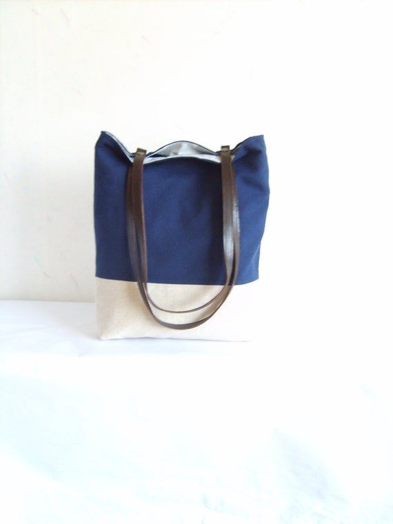 Navy tote, navy blue bag, leather handles, colorblock tote bag, fall ...