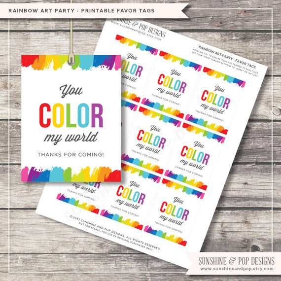 INSTANT DOWNLOAD - Rainbow Art Party Favor Tags - great for thank you gifts, party decorations Thank You tags Paint Party - DIY Printable Il_570xn