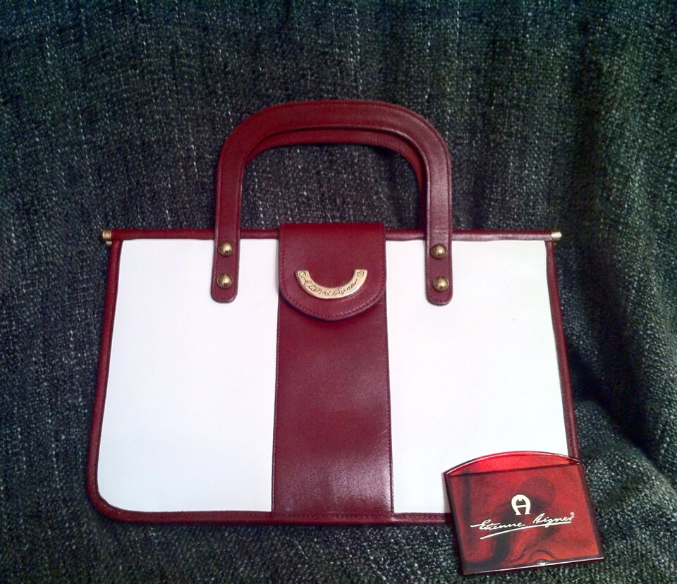 Vintage White and Oxblood Etienne Aigner Hand Bag with Mirror