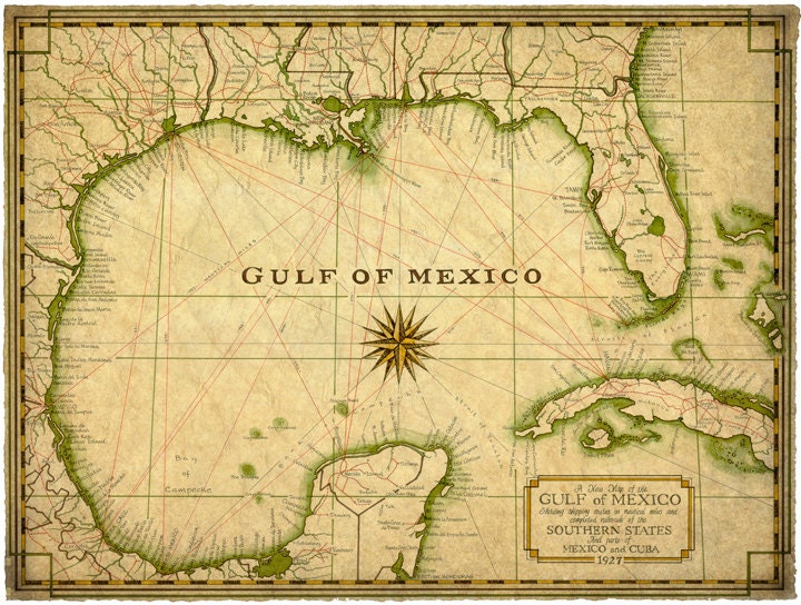 Gulf of Mexico Map Art c.1927 14 x 19 Map Old