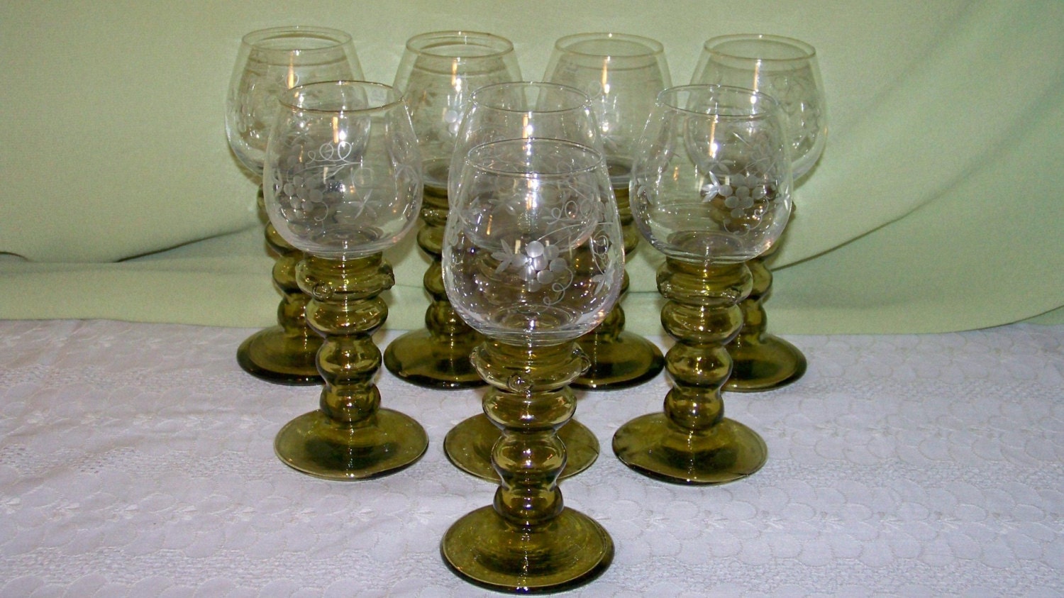 German Roemer Wine Glasses With Olive Green Stems And Clear