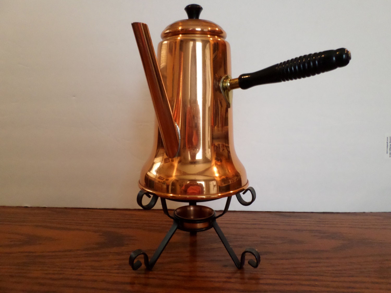 Copper Coffee Pot with Copper Warmer with Black Metal Stand