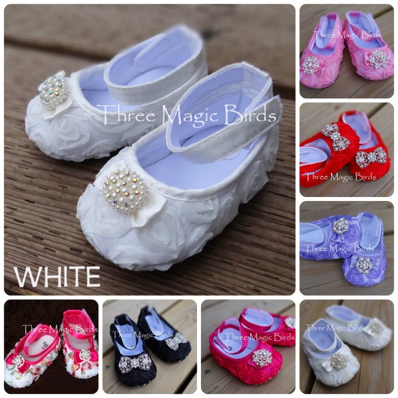 Baby Girl PURE WHITE Satin Soft Rosette Crib ShoesChristening