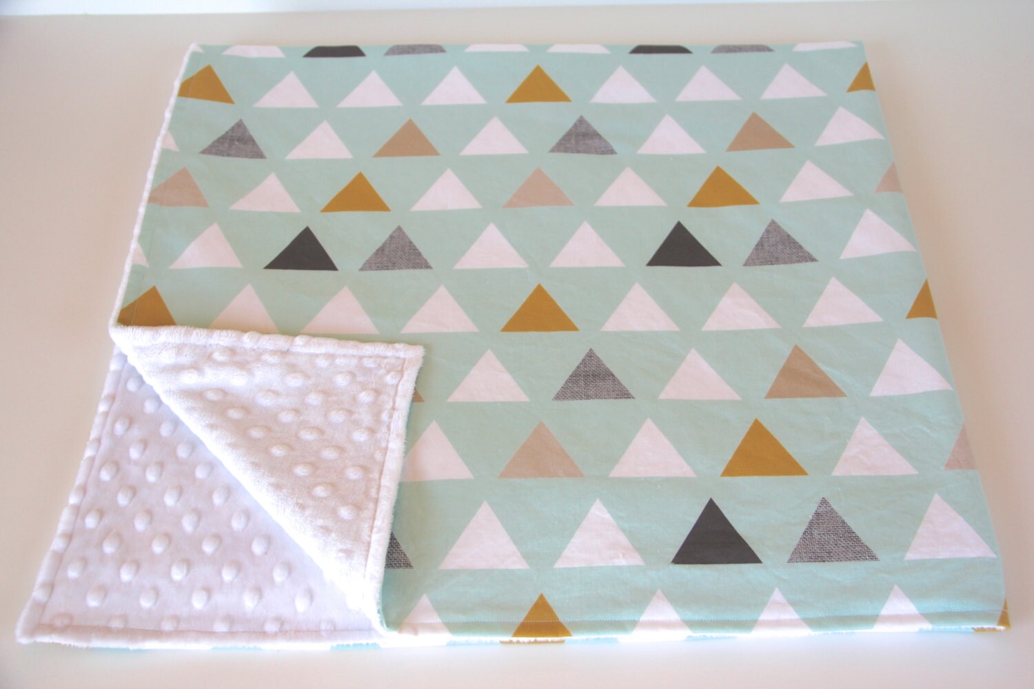 Mint mustard triangles baby blanket minky faux fur gray