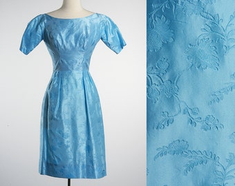 ... 50s Baby Blue Wiggle Dress Cocktail Party Extra Small XS XXS Mad Men