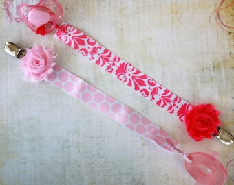 MORE STYLES-Boutique Style-Pacifier Clip-Baby Girl Pacifier Clip-Universal Pacifier Clip-Paci Clip-Chic-Pink Damask-Pink Polka Dot