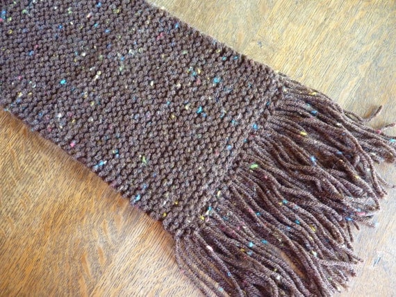 Knit Scarf - Coffee Brown with Flecks of Color (blues, yellows, greens, reds) and Fringed Ends