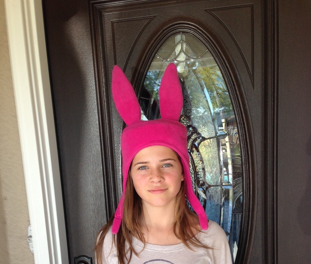 Pink Bunny Ears Hat Made with fleece inside and out by SewLA1