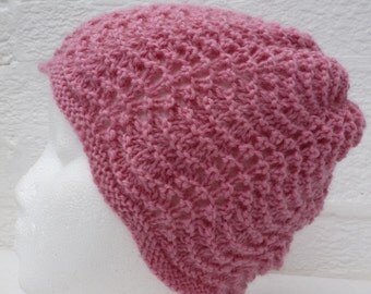 Hat pink wool beanie vintage hat handmade womans beanie hand knit hat teens beanie 90s winter knit beanie ladies winter hat beanie.