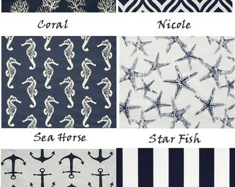Navy Blue Valance - Dark Blue Curtain Panel - Blue and White - Nautical - Beach - Anchors - Starfish - Blue and White Stripe