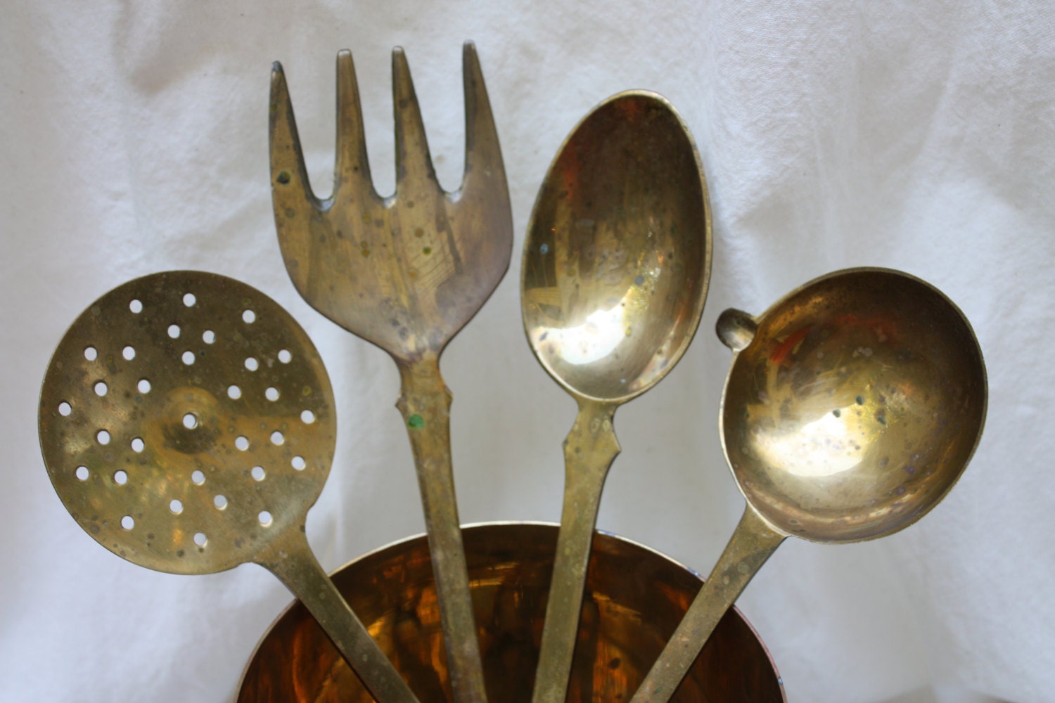 Antique brass spoons and fork set // Country kitchen decor