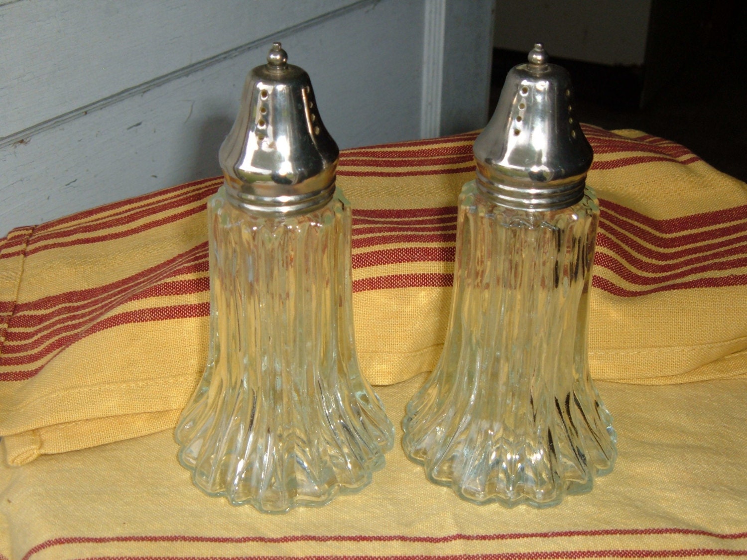 1 pair of Cut Glass Salt Shakers with Silverplate Lids Haute Juice